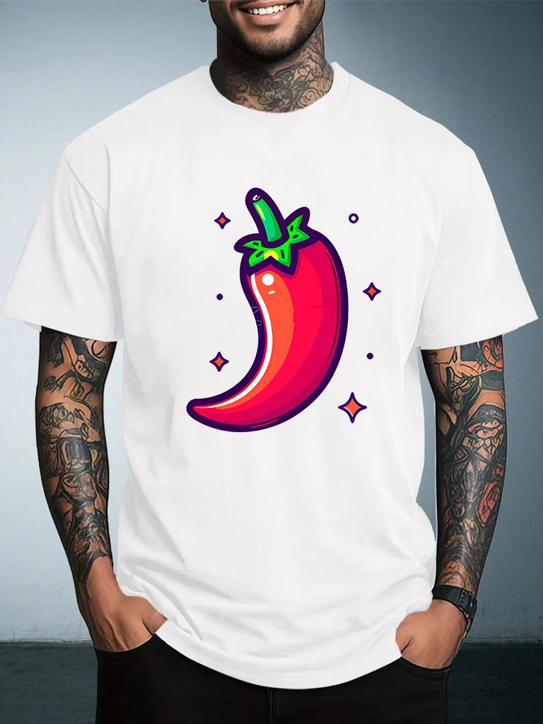 Unisex Summer White Short Sleeve Tee Cute Cartoon Red Chili Pepper Sparkle Graphic Crew Neck Loose Casual Male Daily Tops