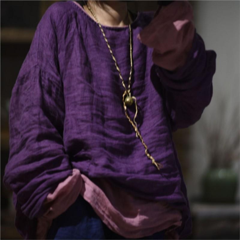 Johnature Mode Vintage Volltonfarbe Lose Casual T-Shirt Frau Frühling Chinesischen Stil O-Ausschnitt Lange Ärmeln T-Shirt