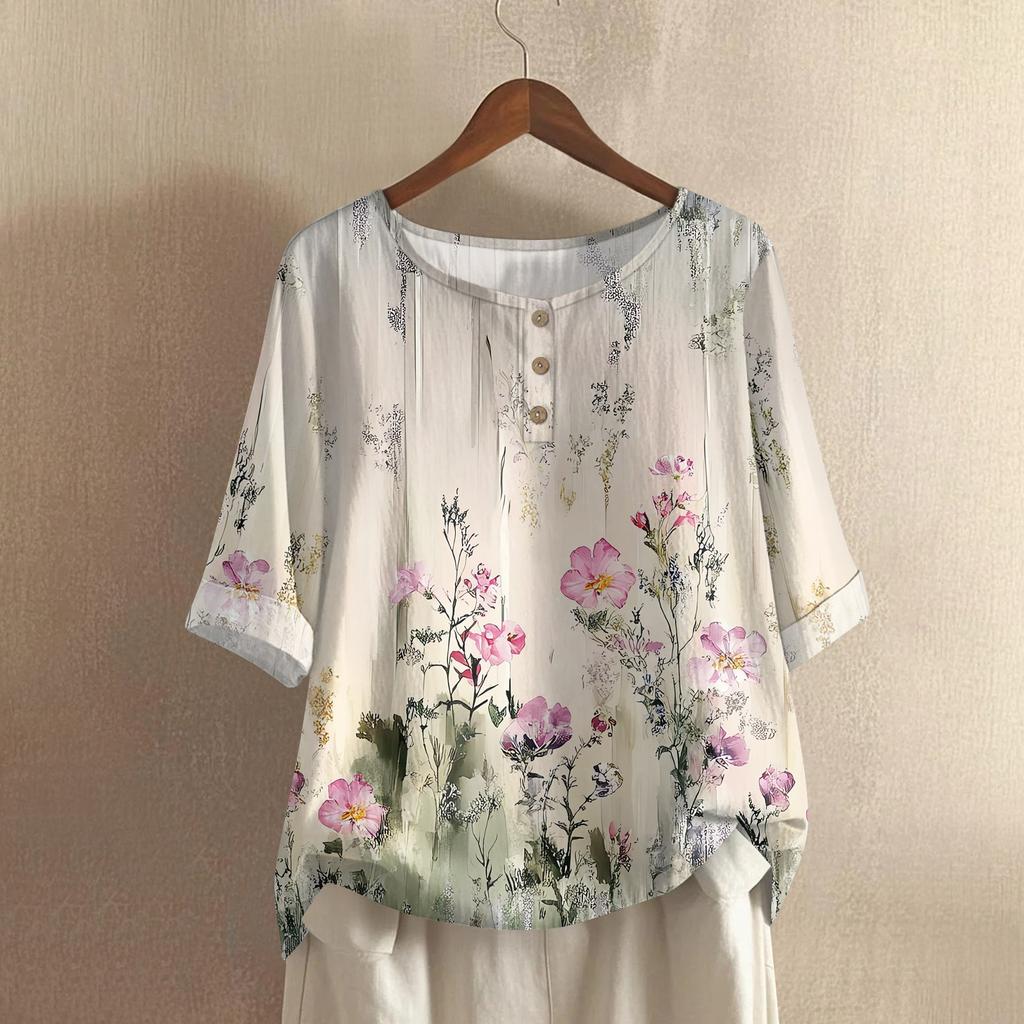 Women's Fashionable And Casual Shirt Half-sleeve Round Neck Print Cotton And Linen Blouse Top