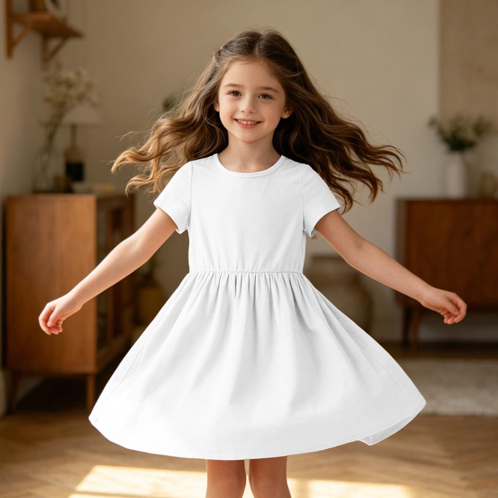 Mädchen Kurzarmkleid Lässig Lockerer Schnitt Atmungsaktive Baumwoll-Leinen-Mischung Sommerkleid mit Raffung in der Taille und Rundhalsausschnitt für den täglichen Gebrauch