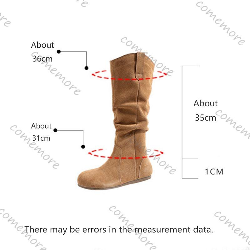 Comemore Stacked Long Boots New Round Head Pleated Flat Bottom Casual Women Autumn Shoes Suede Slip on Knee-high Botas Female