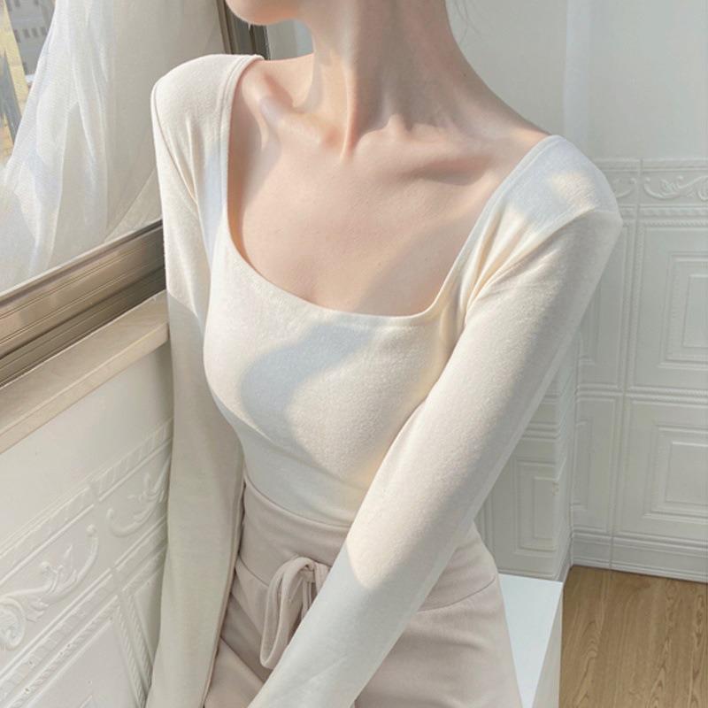 Square collar leaking collarbone pink top, spring polished inner long-sleeved slim-fitting and thin, pure desire versatile bottoming shirt