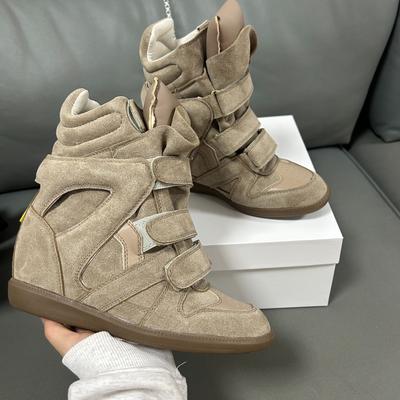 Invisible Inner Height Increase Women's Shoes 8CM Slope Heel Velcro Sports Shoes Leather Color Matching Casual Shoes