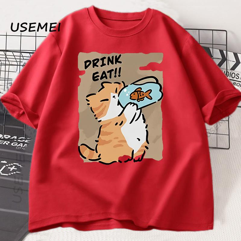 

Смешная футболка с котом, едящим рыбу, трендовая футболка из хлопка с принтом, с круглым вырезом, мужская и женская, одинаковая, свободная, повседневная, с коротким рукавом M