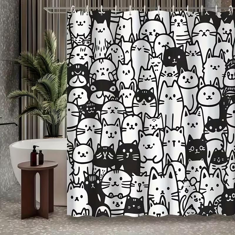 VIKAMA Adorable Black-and-White Cartoon Cat Shower Curtain, Year-Round Use, Machine Washable Animal Bathroom Decor