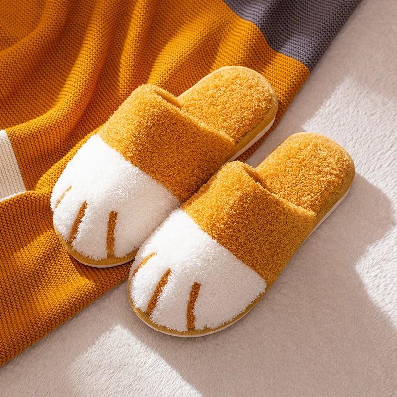 Winter Cute Cat Paw Designer House Women Fur Slippers Floor Mute Bedroom Lovers Warm Plush Shoes Indoor Fluffy Slides