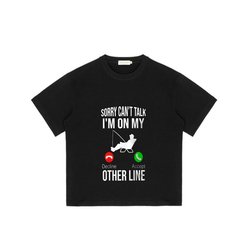 Crewneck T Shirt Black Fishing Man with Phone Icons and Text Sorry Cant Talk Im On My Other Line Casual Wear for Outdoor Activities and Everyday Use