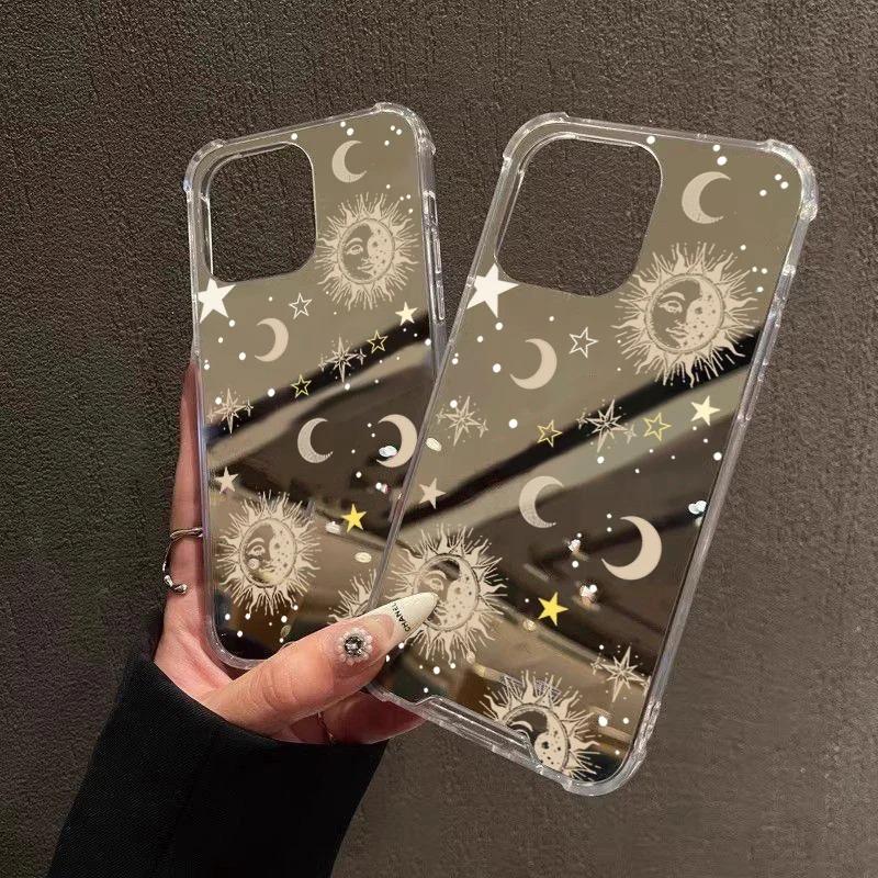 Sun Moon Pattern Phone Case For iPhone 11 12 13 14 15 16 17 Pro Max XS X XR 7 8 Plus Make Up Mirror Shockproof Soft Cover