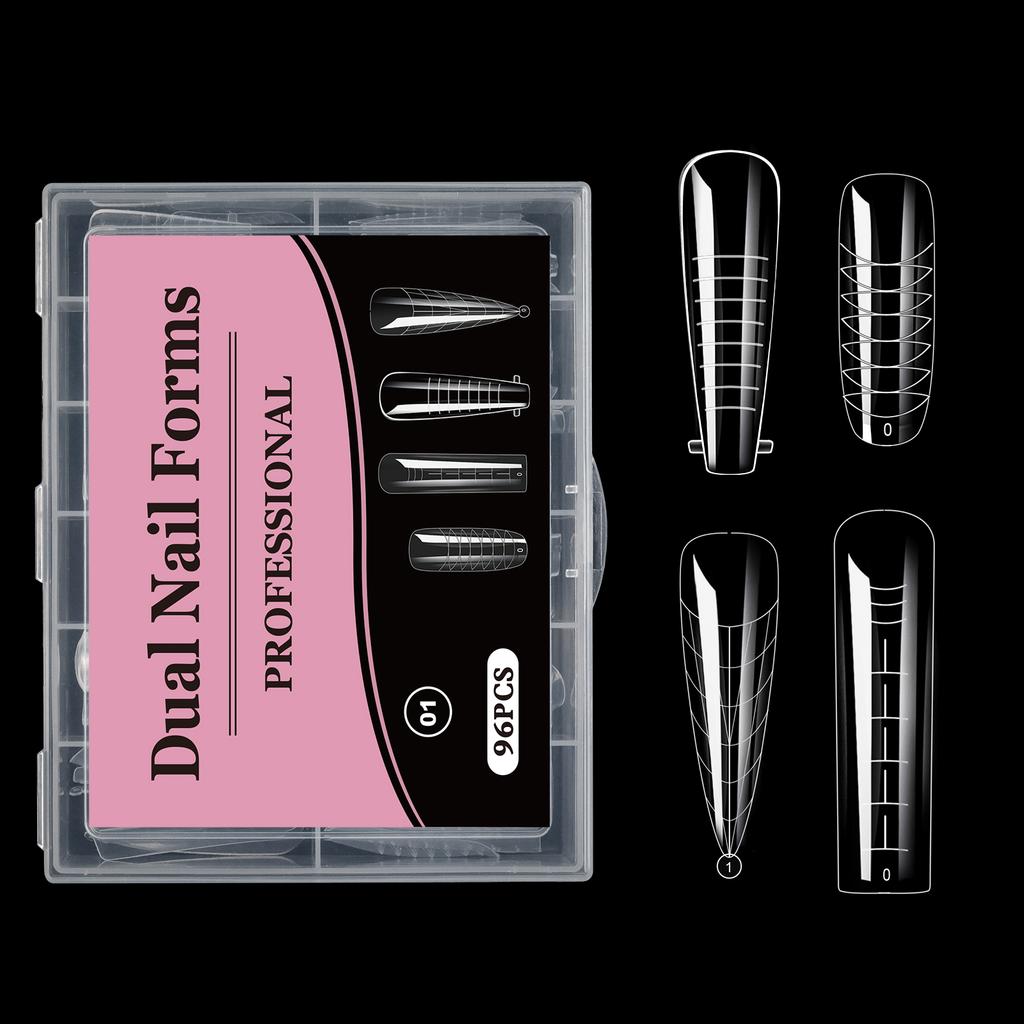 96pcs Stiletto Coffin Clear Dual Forms False Tips Quick Building Gel Mold Nail Art Tools Full Cover Nail Extension Forms Top