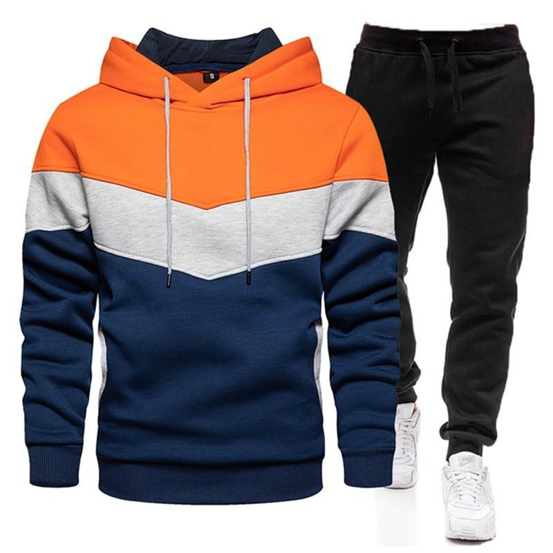 Herren Herbst- und Winter Sport Splicing Farbe Hoodie Einfarbige Hose Set Herren Vielseitiges Kapuzenhosen-Set