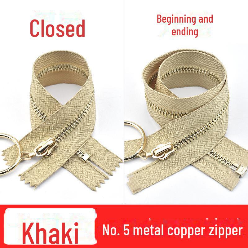 20-40cm Metal Zipper with Large Ring Puller, Size 5, Light Gold Teeth for Bags, Leather Skirts
