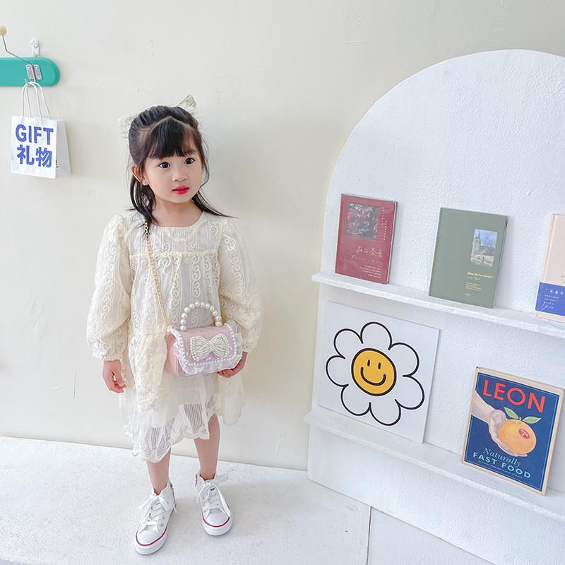 Entzückliche Koreanische Prinzessin Mini-Handtasche Mit Perlenkette Für Kinder Stilvolle Spitze am Rand