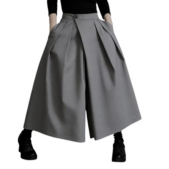 

Women Pants Pure Color Wide Leg Casual Trousers with Elastic High Waist Pleated Design Summer Leisure L серый