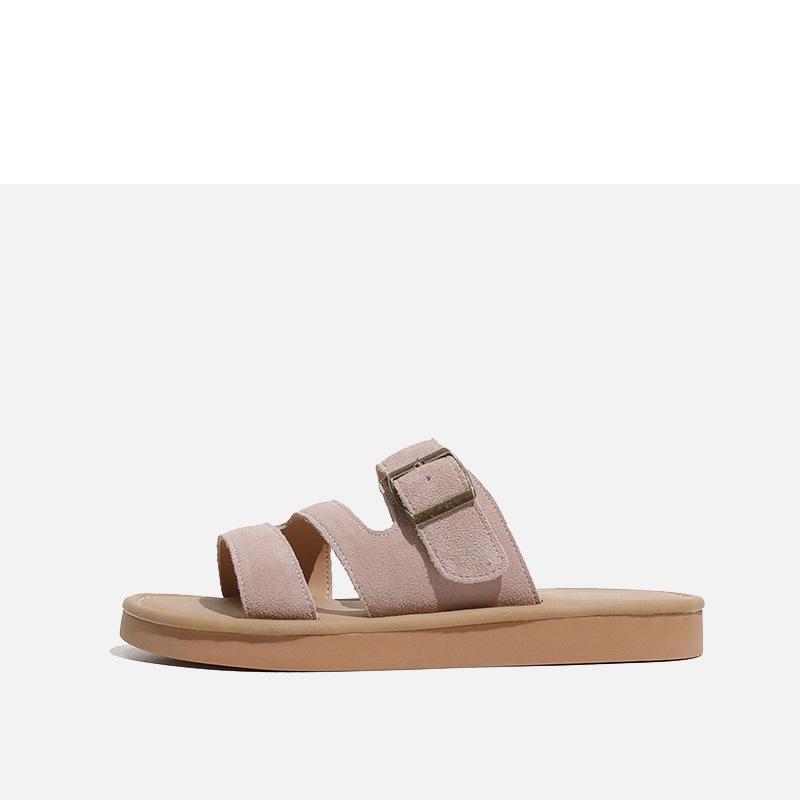Soft-faced Flat-bottomed Slippers for Women's Summer Outer Wear 2025 New Versatile Belt Buckle Leather Casual Non-slip Soft-bottomed Sandals
