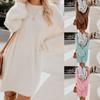 Chic Frauen Herbst Einfarbig O Neck Pullover Flauschigen Lose Knie-länge Kleid