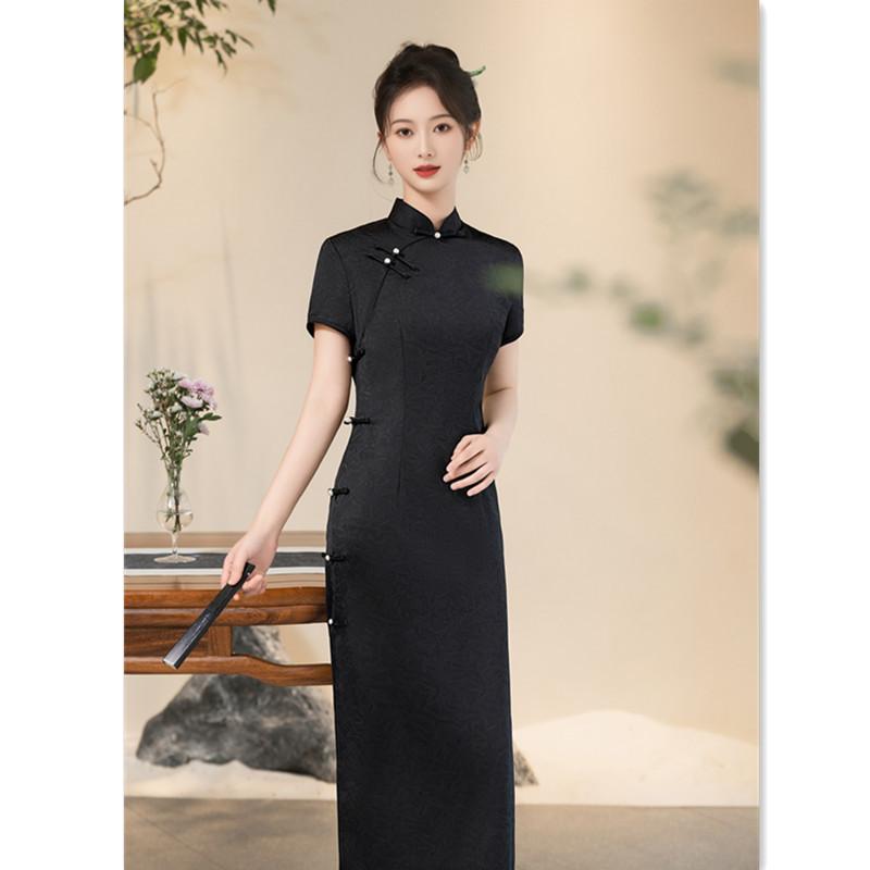 Black jacquard satin cheongsam spring and summer young temperament feminine slim new Chinese long cheongsam skirt