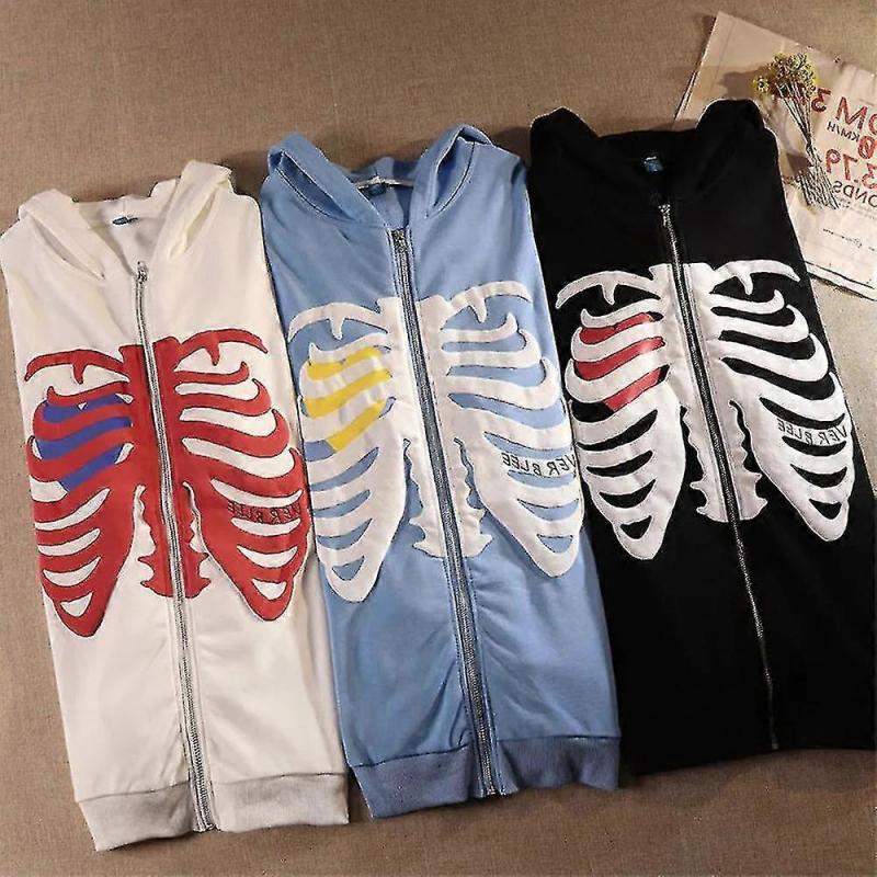 Women's Fashion Skeleton Body Printed Full Zip Hoodie Jacket Ladies Hooded Zipper Sweatshirt Coat Outerwear L