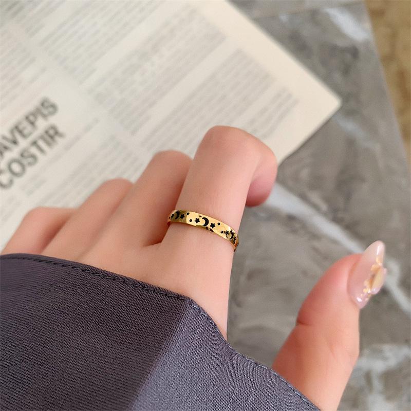 Gold-Plated Titanium Steel Star & Moon Ring – Japanese-Korean Retro Style for Women