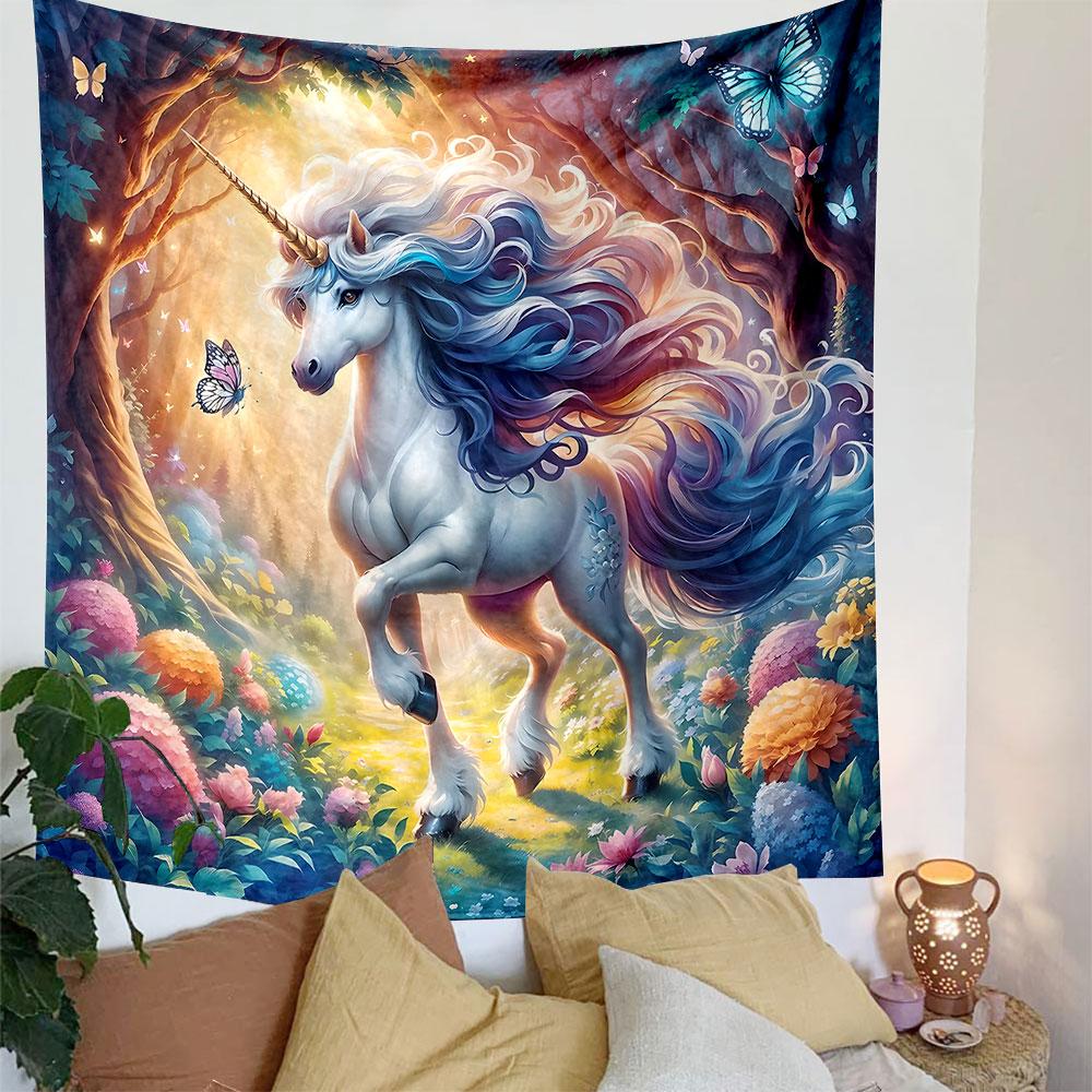 Enchanted Unicorn In Mystical Forest Patterned Tapestry Decorative Wall Hanging, Home Bedroom Living Room Decor