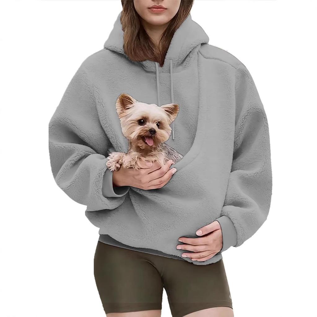 New Women's Loose Pullover Hoodie, Solid Color Plush Pet Pouch, Autumn Winter European American Style Crossborder Top