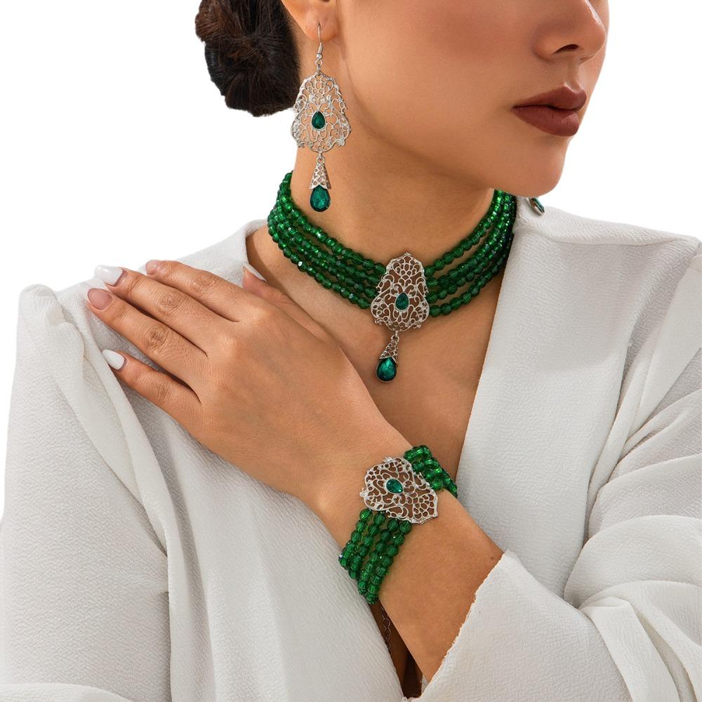 Multilayer Pearl Beaded Bracelet Shiny Necklace Earring Set Temperament Bridal Jewelry Set  Lady
