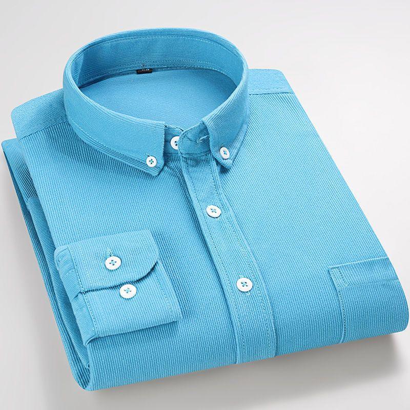 Men Velvet Corduroy Sleeved Shirt Casual Top Loose Pure Color Dad Clothing Suitable Middle-aged Elderly