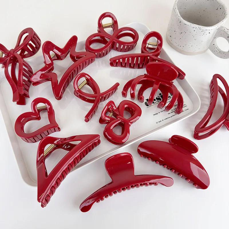 Red Series Geometry Hair Claw For Women Girls Elegant Hairpins Shark Clips Crab Barrettes Fashion Hair Accessories