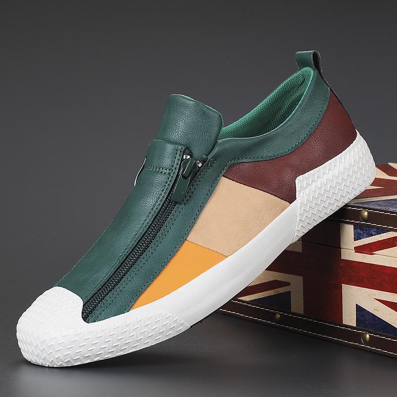 Men's Spring Slip-On Zipper Leather Color Block Casual Low-Top Shoes - Trendy British Versatile Fashion