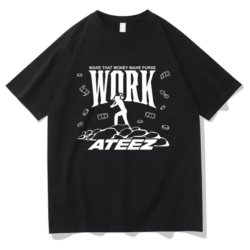 Ateez Work Print T-shirt, stylish Men's Harajuku Aesthetic T-shirt, casual loose 100% cotton top