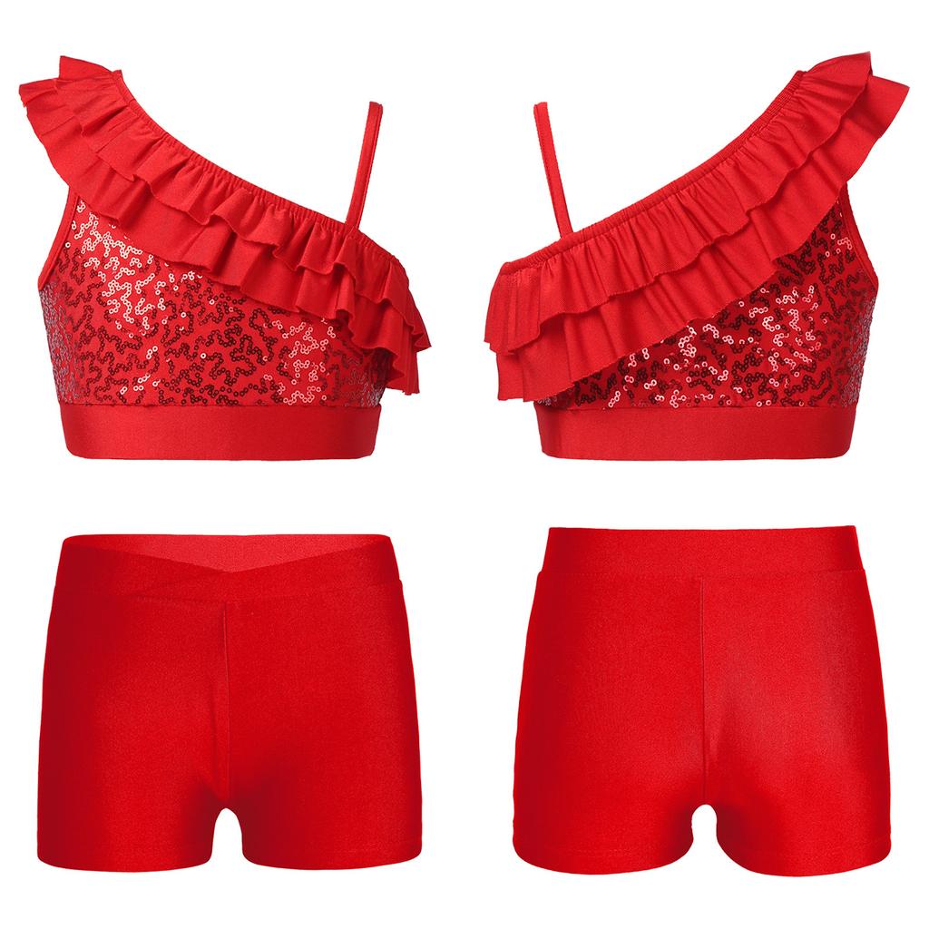 Glossy Sequin Asymmetrical Ruffled Shoulder Top and Shorts 2Pcs Dance Costume Set for Kids Girls