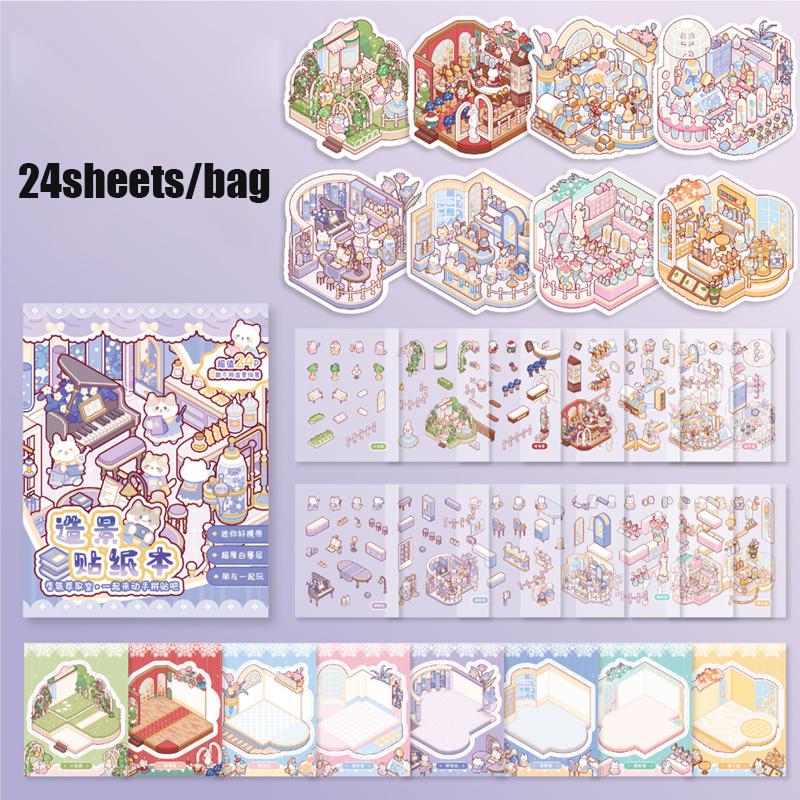 24Pcs/Bag Zoo Small Class Meow Wow Wonderland Series Scenery Sticker Book Three-Dimensional Scene Miniature Sticker Handbook Diy