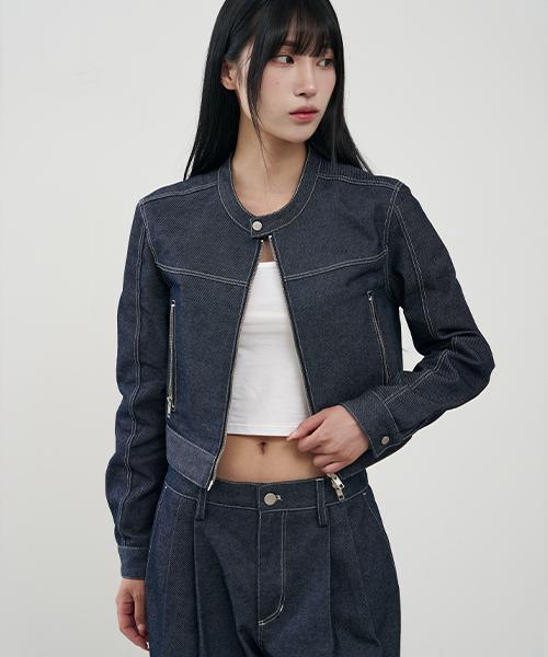 Arrayed [Non-Fade] Vertical Biker Crop Denim Jacket [Indigo]
