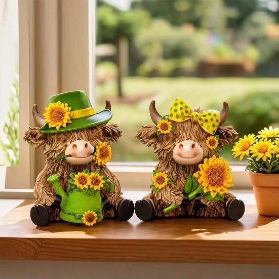 2 Pcs Sunflower Highland Cow Figurine, Spring Summer Scottish Cattle Sculpture, Cute Farm Animal Wooden Statue for Kitchen, Table, Shelf Decor