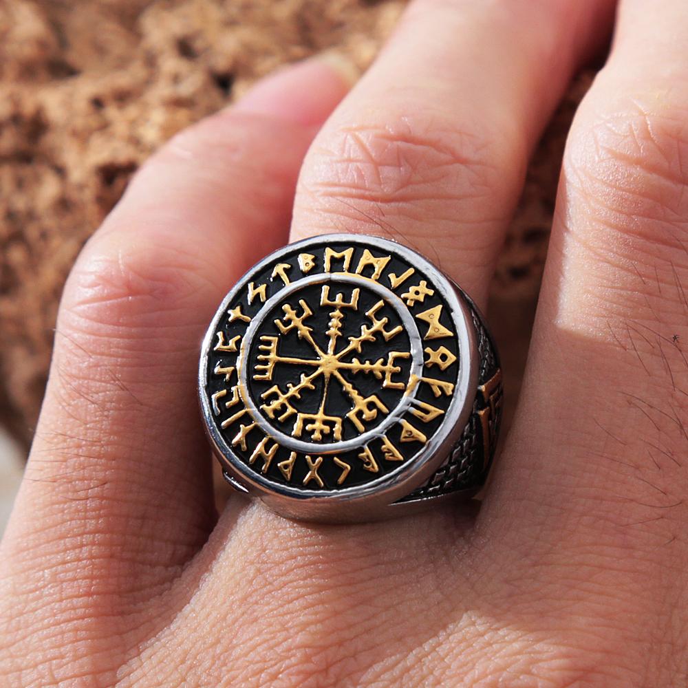 Viking Compass Ring For Men Norse Rune Stainless Steel Biker Jewelry Punk Fashion Gift Ring Size 7-13
