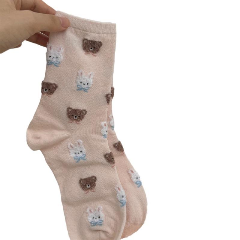 Cute Little Rabbit and Bear Mid-calf Socks, Girls' Cartoon Trendy Casual Cotton Socks, School Style Socks