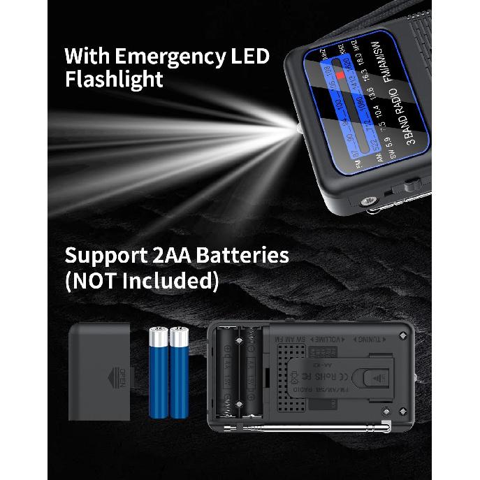 Portable AM FM SW Battery Operated Radio with Shortwave, Back Clip Transistor Radios with Emergency LED Flashlight, 3.5mm Earphone Jack