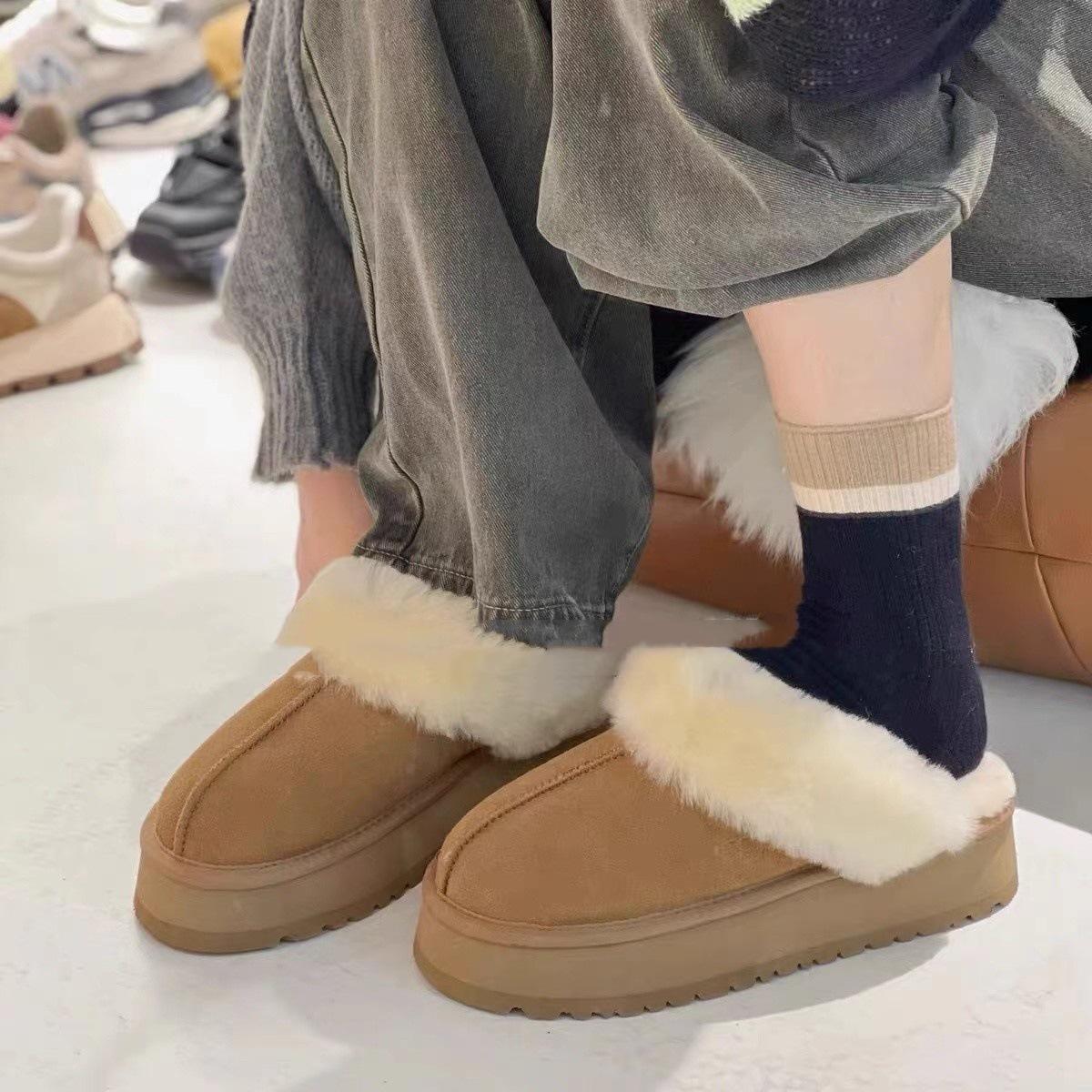 

French thick-soled bag head, hairy half slippers, women s outer wear 2025 new comfortable autumn and winter heightening snow bread cotton shoes 40