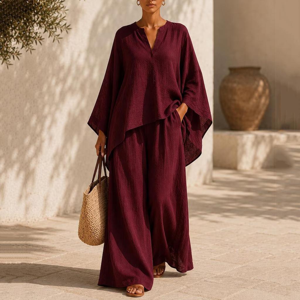 Women's Casual Loose Fit V Neck Long Sleeve Pullover Top and Wide Leg Pants Two Piece Set Comfortable Lounge Wear