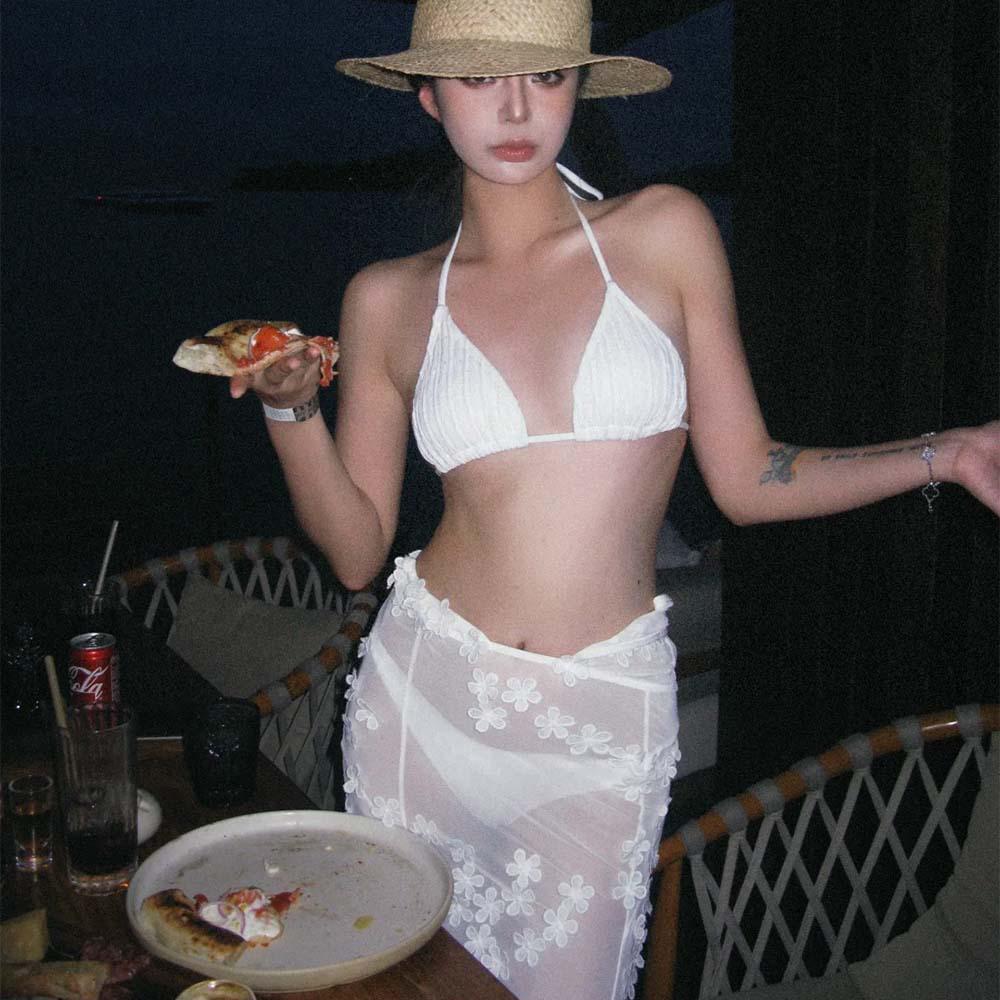 Thailand Blogger Style Three-Piece Floral Swimsuit with Cover-Up