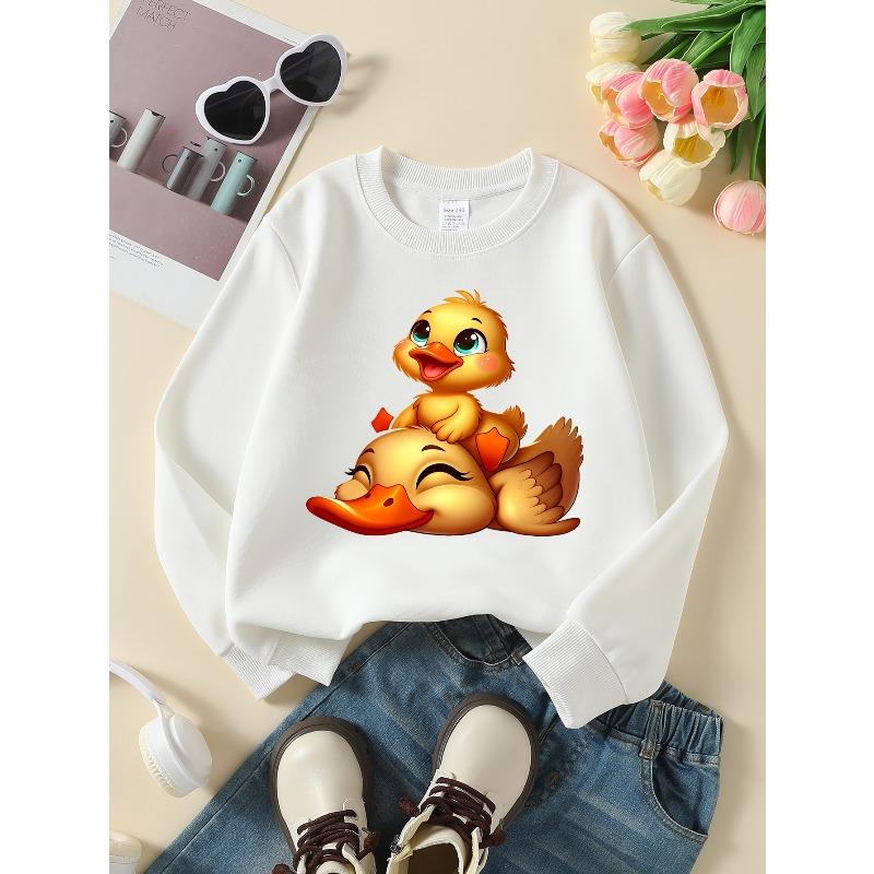 Girls' Soft Crewneck Sweatshirt with Cute Duckling on Mother Duck Print And Creative Print, Casual All-Match for Fall Winter, Ideal Holiday Present