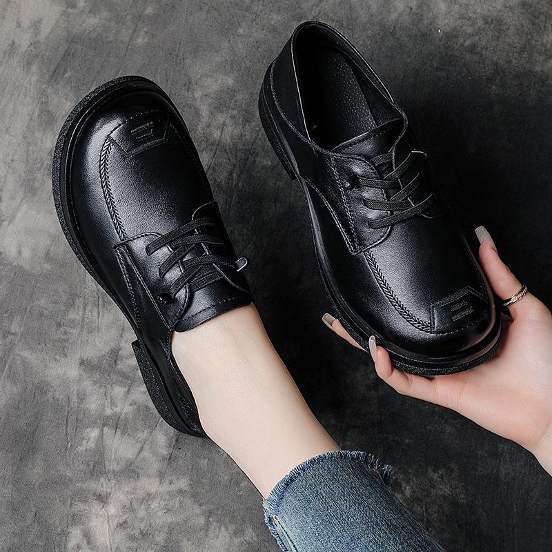 British Style Medium Heel Cowhide Loafers - Retro Round Toe Women's Leather Shoes