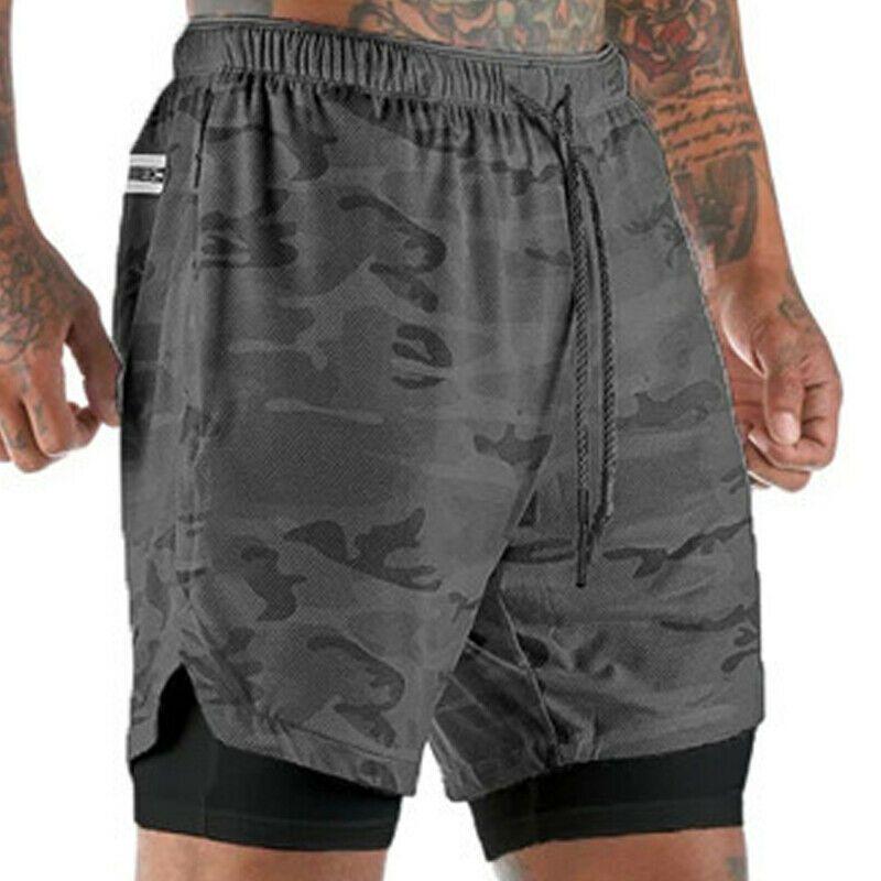 

Мужские беговые камуфляжные шорты 2 в 1 с двойным слоем, эластичные, быстросохнущие, для спортзала Gray Camo,M