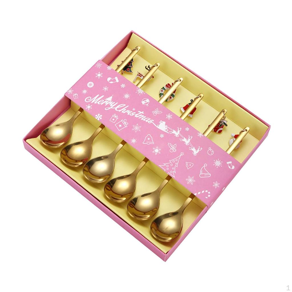 6 Christmas Spoons Collection, Stainless Steel Dessert Cutlery, Reusable Kitchen Set for Festivities