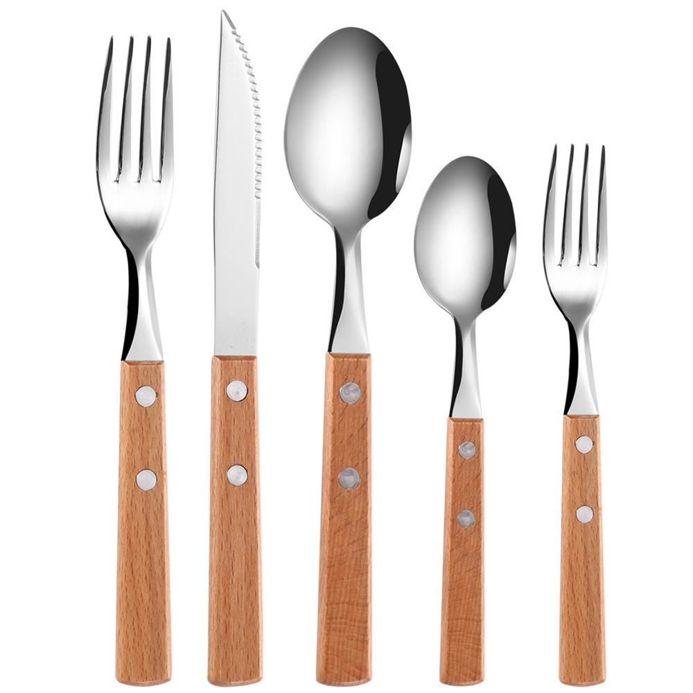 Wooden Handle Stainless Steel Tableware, Knife, Fork and Spoon Four-piece Set, Household Western Food Clip Handle, Steak Knife, Fork and Spoon