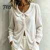 Long Sleeve Shirts Fall Winter Women Velvet Shirt, Regular Fit Button Down Daily Wear Top, Soft Solid Color Lapel Collar Blouse for Lady Autumn Shirt