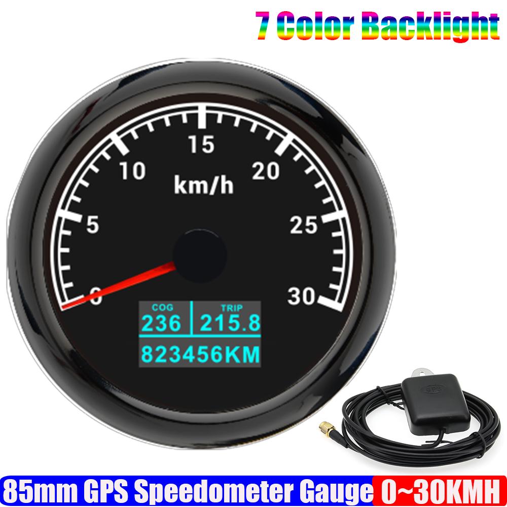 7 Color LED Auto Car 85mm GPS Speedometer Gauge with GPS Antenna 30KMH,60KMH,120KMH,200KMH Marine Boat Yacht COG TRIP Odometer