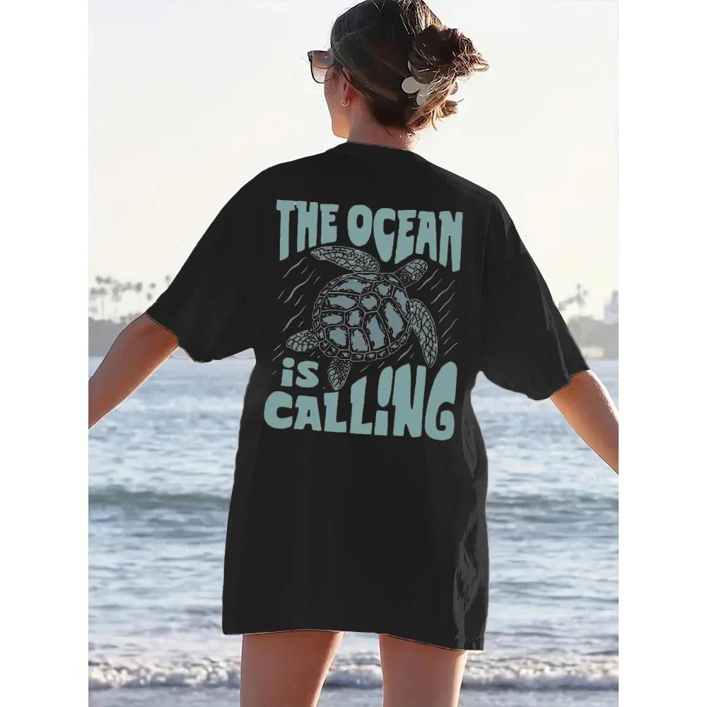 

New Cute Turtle Letter Printed T-shirt Summer Short Sleeved Round Neck Casual Top Women s Fashion Clothing XL