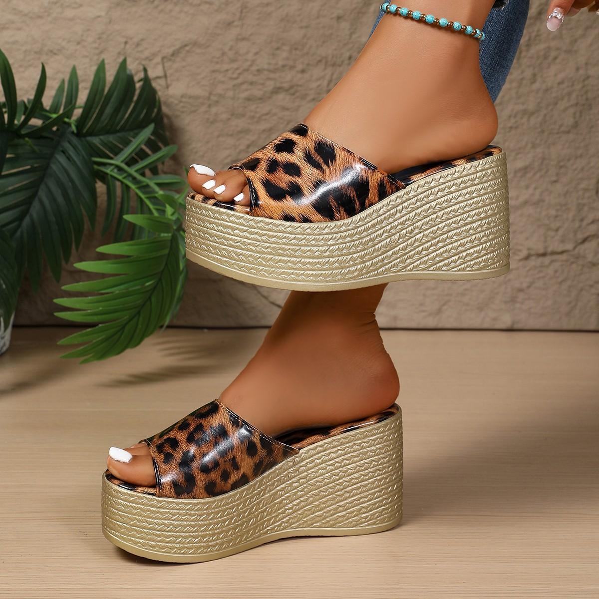 

New large-size wedge slippers 2025 summer new one-word leopard print casual super high-heeled slippers women 43