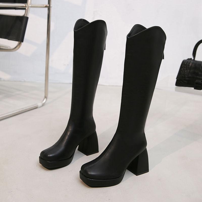 Fashion Long Shoes For Women Genuine Leather Gothic Y2k Black Chunky Platform Wedges Half High Boots Woman Winter 2024 High Quality Hot