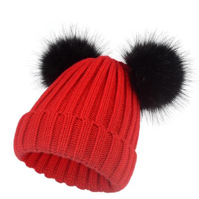 Kids / Adult 2 Layers Autumn Winter New Hat Women's Double Ball Hat Yarn Hat Imitation Fox Fur Ball Hat Keeps Warm Knitted Hat